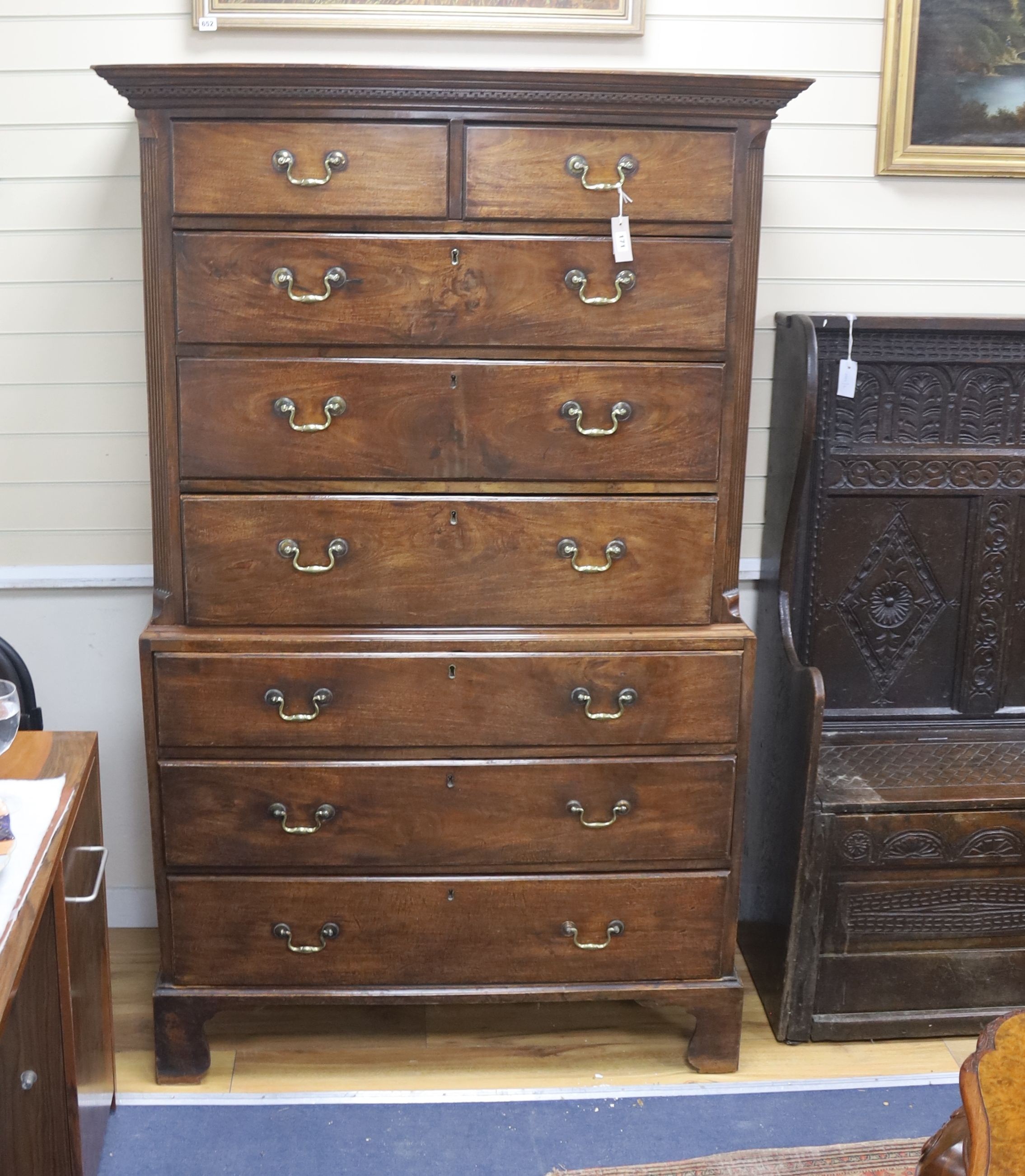 A George III mahogany chest on chest, width 106cm, depth 50cm, height 179cm